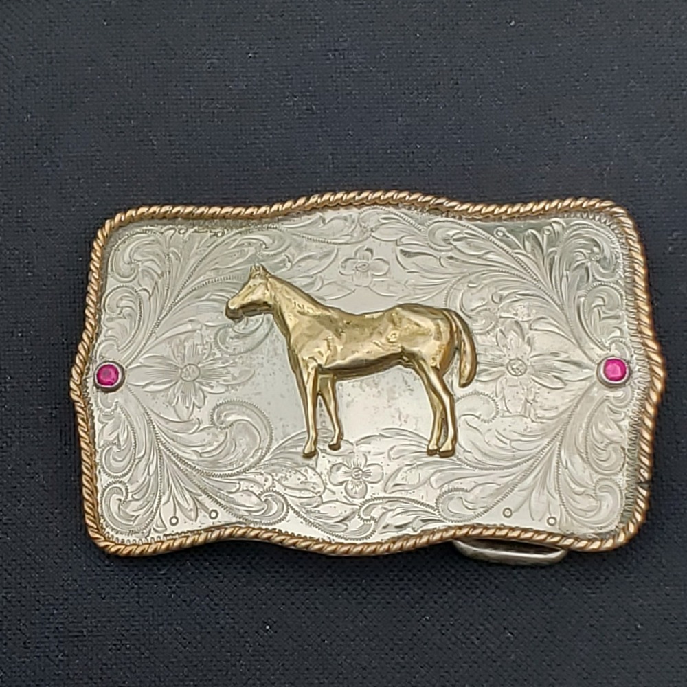 Montana Silversmiths German Silver Belt Buckle Two-Tone Horse Ruby Jewel Western